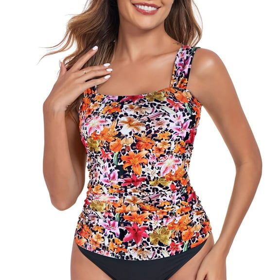 RELLECIGA Women's Bandeau Ruched Tankini Top Swimsuits Modest Bathing Suits