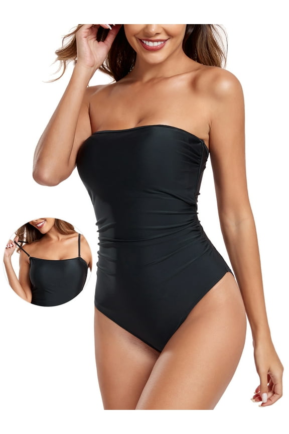 Women's Black Bandeau Ruched One Piece Swimsuit Tummy Control Sexy Strapless One Piece Bathing Suit with Removable Straps