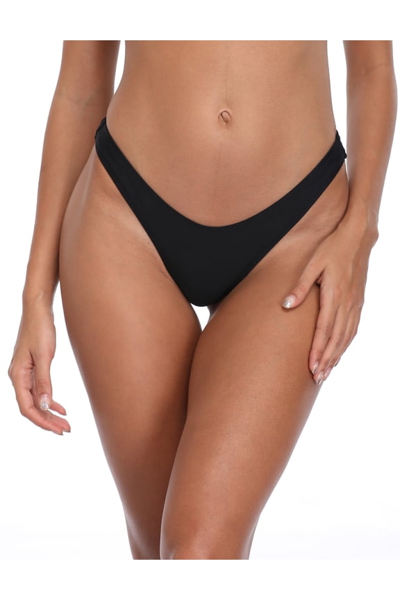 Women's Black High Cut Cheeky Bikini Bottom High Waisted Bathing Suit for Women Size L