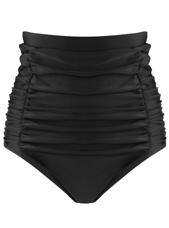 RELLECIGA Women's Black High Waisted Bikini Bottom Ruched Swimsuit Bottom Small