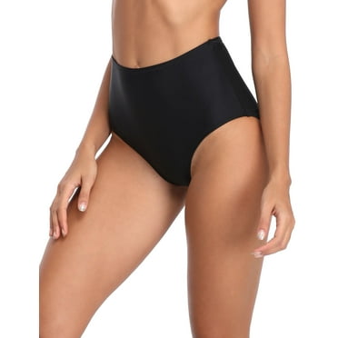 RELLECIGA Women's High Cut Cheeky High Waisted Bikini Bottoms Tummy Control Swim Bottom Full Coverage Underwear Panties Black Swimsuit Bathing Suit Bottom Size Medium