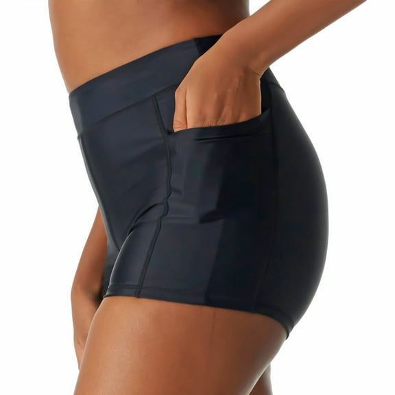 RELLECIGA Women's Black High Waisted Board Shorts Boyshorts Swim Bottoms Swim Shorts with Pockets