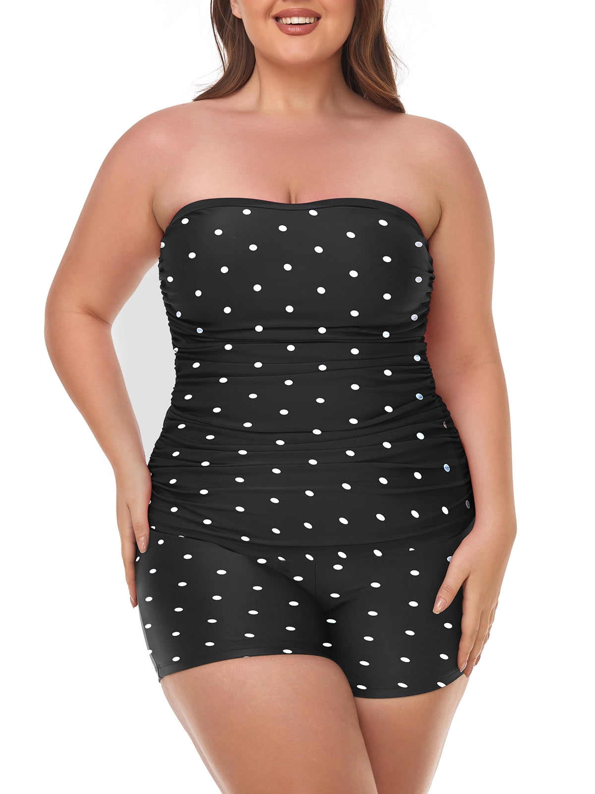RELLECIGA Women's Black Polka Dot Ruched Bandeau Tankinis Tummy Control
