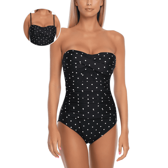 RELLECIGA Women's Black Polka Dot Tummy Control Ruched Swimwear Strapless One Piece Swimsuit for Women Size Small
