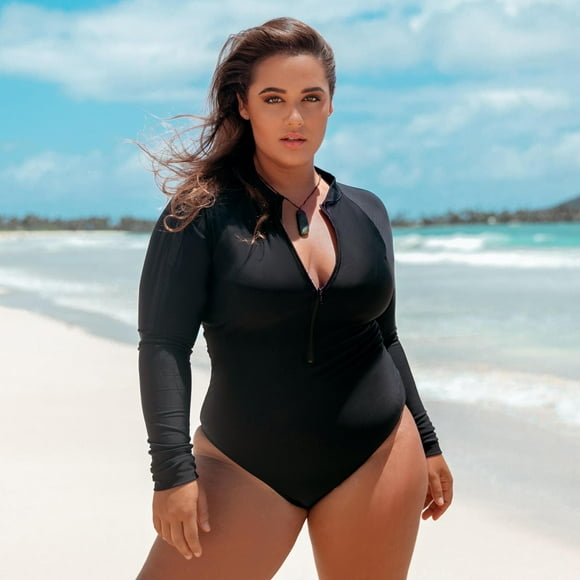 Women's Black Rash Guard Long Sleeve Women Swimwear Deep V-Neck Slimming Surfing Zipper One Piece Swimsuit Sexy Monokini One piece Bathing Suits Size 2XL