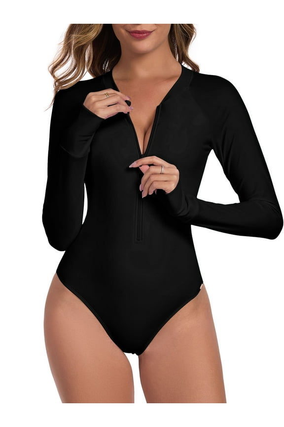 Women's Black Rash Guard Long Sleeve Women Swimwear Deep V-Neck Slimming Surfing Zipper One Piece Swimsuit Sexy Monokini One piece Bathing Suits Size M