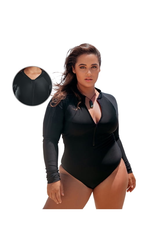 Women's Black Rash Guard Long Sleeve UV Protection Women Swimwear Deep V-Neck Slimming Surfing Zipper One Piece Swimsuit Sexy Monokini One piece Bathing Suits Size M