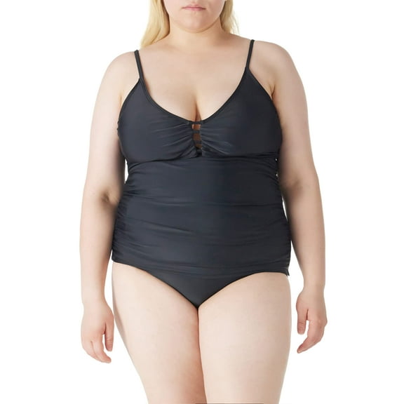 RELLECIGA Women's Black Sexy V Neck Shirred Tankini Top Girls Cutout Swimsuits Padded Tummy Control Bathing Suit Top Size XXL