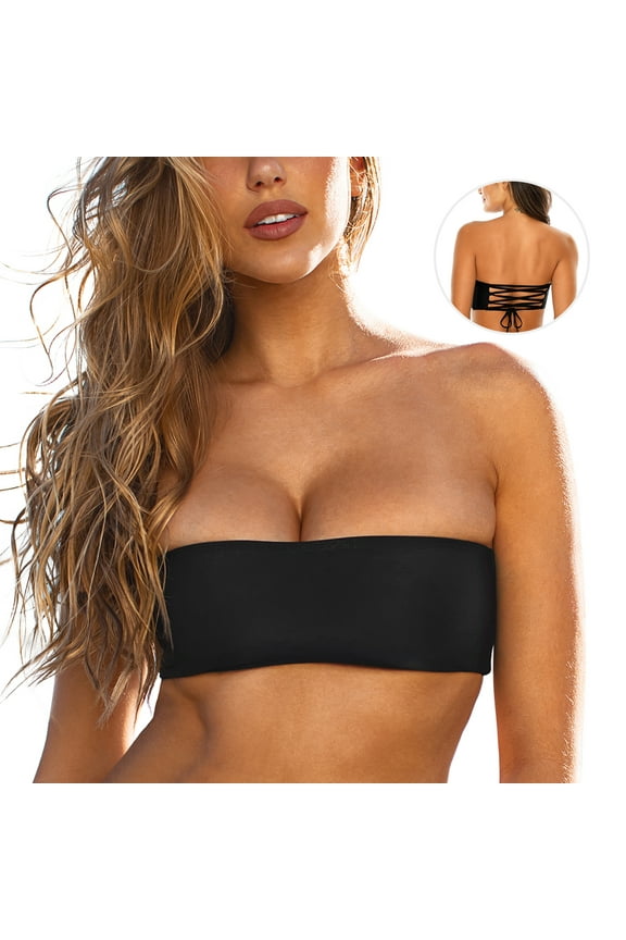 Women’s Black Strapless Bikini Top Tie Back Lace Up Bandeau Bikini Swimsuits for Women Sexy Bathing Suit Top Only