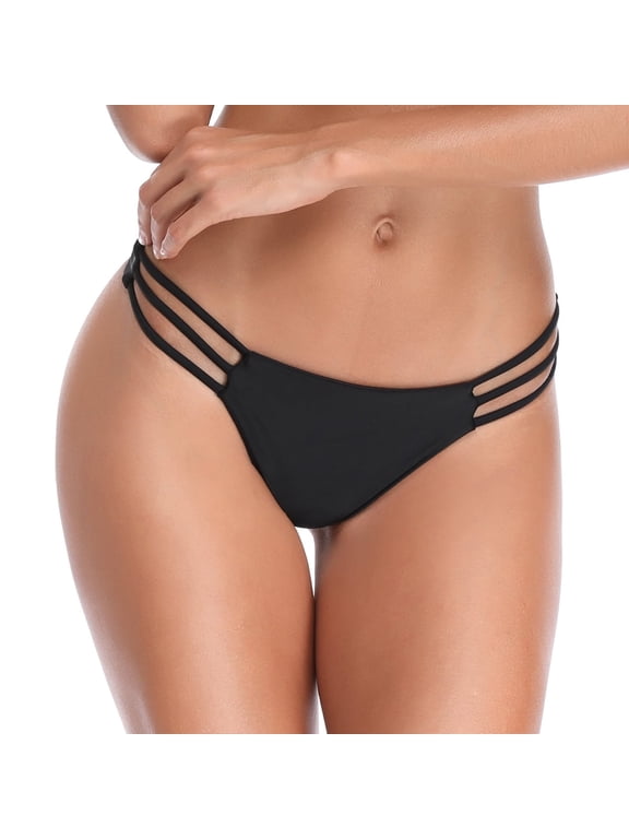 Women's Black Strappy Sexy Thong Bikini Swimsuit Bottom String Bikini Panty Bathing Suit