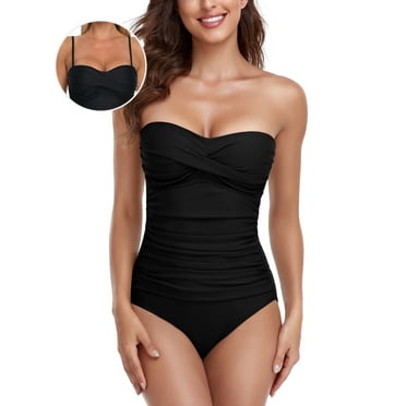 RELLECIGA Women's Black Twist Front Ruched One Piece Swimwear Bandeau Strapless Swimsuit Tummy Control One piece Bathing Suit