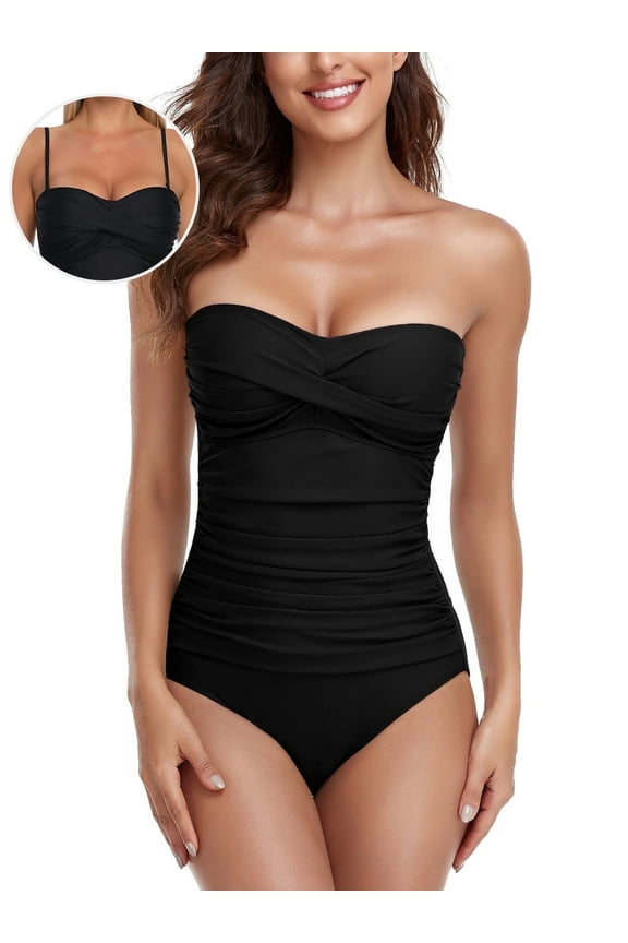 Women's Black Twist Front Ruched One Piece Swimwear Bandeau Strapless Swimsuit Tummy Control One piece Bathing Suit