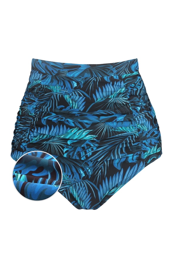 Women's Blue Leaf High Waisted Ruched Bikini Bottom Size Large