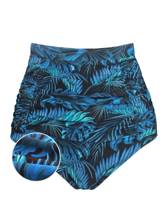 Women's Blue Leaf High Waisted Ruched Bikini Bottom Size X-Large