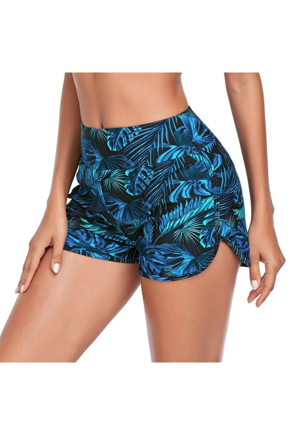 Women's Blue Leaf High Waisted Swim Shorts Swim Board Shorts for Women Size Small