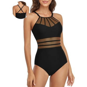 RELLECIGA Women's Criss-Cross Back High Neck Splicing Mesh One Piece Swimsuit Tummy Control Swimwear Ruched Black Bathing Suit