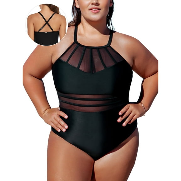 RELLECIGA Women's Criss-Cross Back High Neck Splicing Mesh One Piece Swimsuit Tummy Control Swimwear Ruched Black Bathing Suit