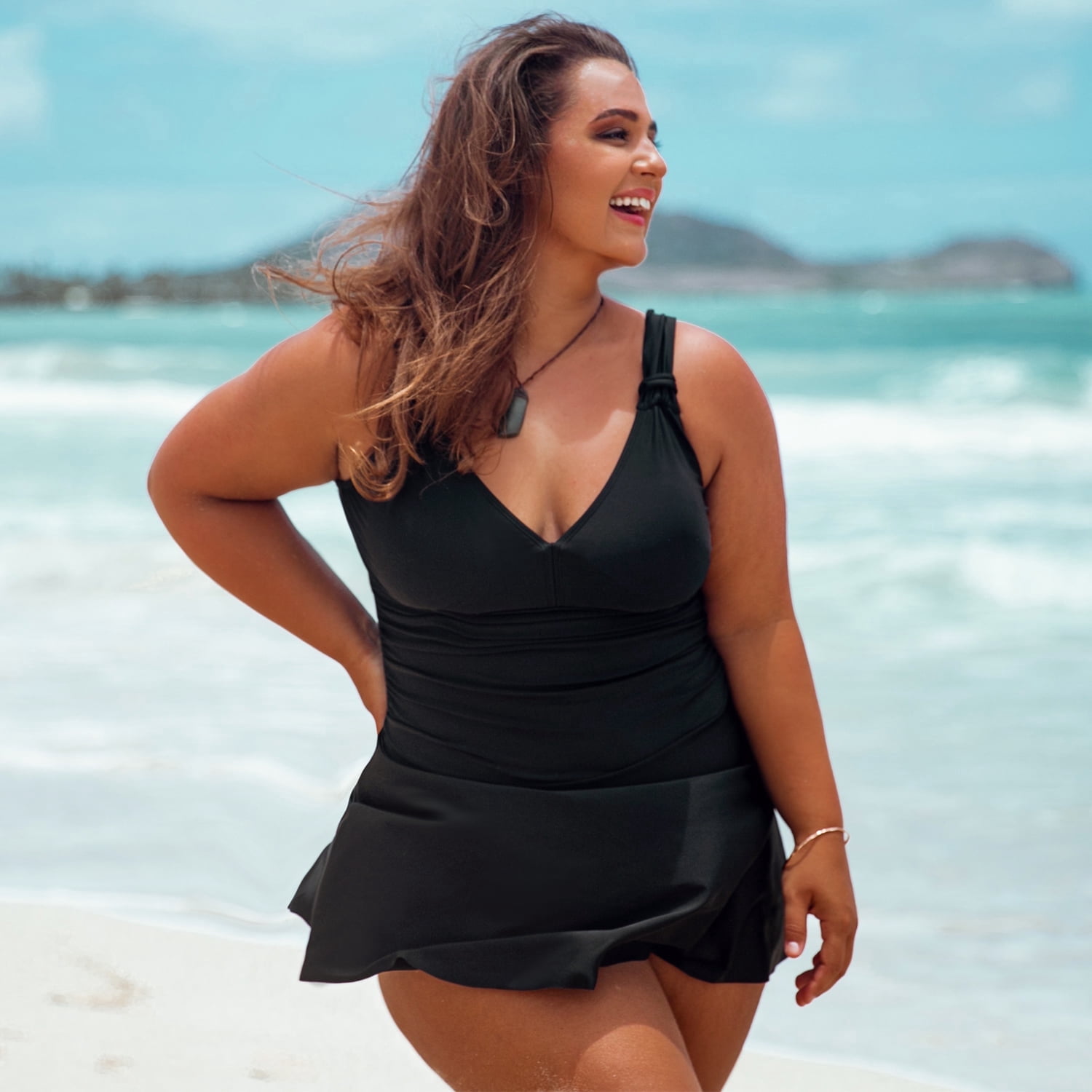 RELLECIGA Women's Front Ruched V Neck One Piece Skirt Vintage swim dress Retro One Piece Swimsuit Tummy Control One piece Swim Dresses Black Bathing Suit