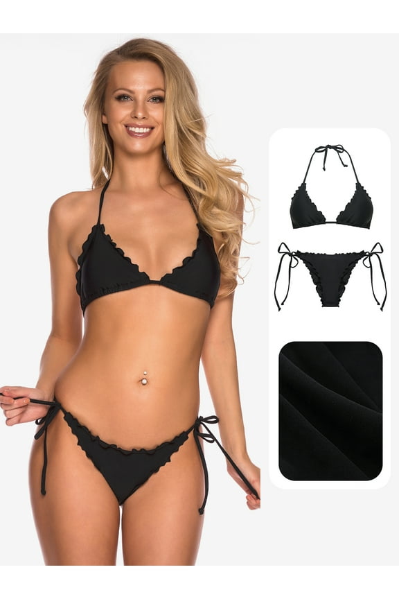 Women's Halter Triangle Bikini Sets Sexy Ruffle String Bikini Two Piece Swimsuit Black Bathing Suits