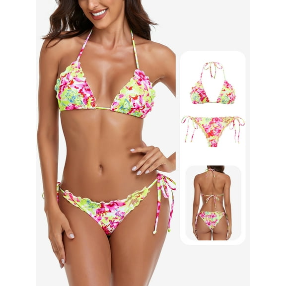 RELLECIGA Women's Halter Triangle Bikini Sets for Women Sexy Ruffle Bikini Two Piece Swimsuit Tie back Size L