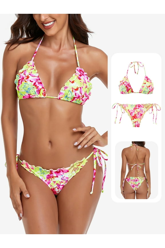 Women's Halter Triangle Bikini Sets for Women Sexy Ruffle Bikini Two Piece Swimsuit Tie back Size S