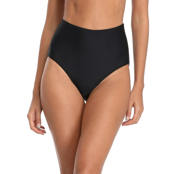 RELLECIGA Women's High Cut Cheeky High Waisted Bikini Bottoms Tummy Control Swim Bottom Full Coverage Underwear Panties Black Swimsuit Bathing Suit Bottom Size Small