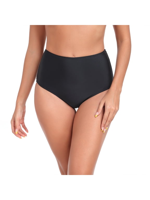 Women's High Cut Cheeky High Waisted Bikini Bottoms Tummy Control Swim Bottom Full Coverage Underwear Panties Black Swimsuit Bathing Suit Bottom Size Medium