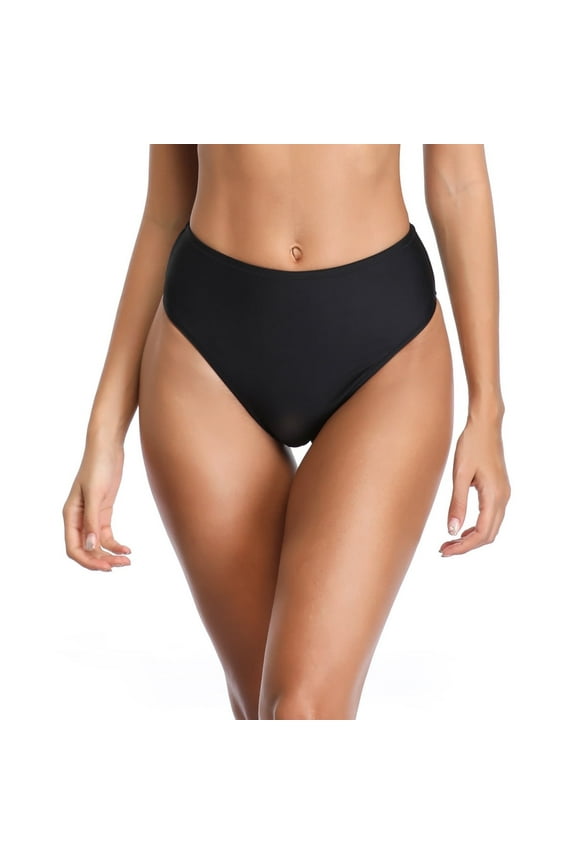 Women's High Cut Cheeky High Waisted Bikini Bottoms Tummy Control Swim Bottom Full Coverage Underwear Panties Black Swimsuit Bathing Suit Size Large
