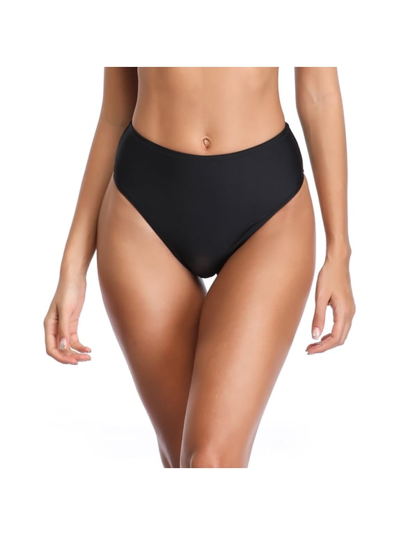 Women's High Cut Cheeky High Waisted Bikini Bottoms Tummy Control Swim Bottom Full Coverage Underwear Panties Black Swimsuit Bathing Suit Size Medium