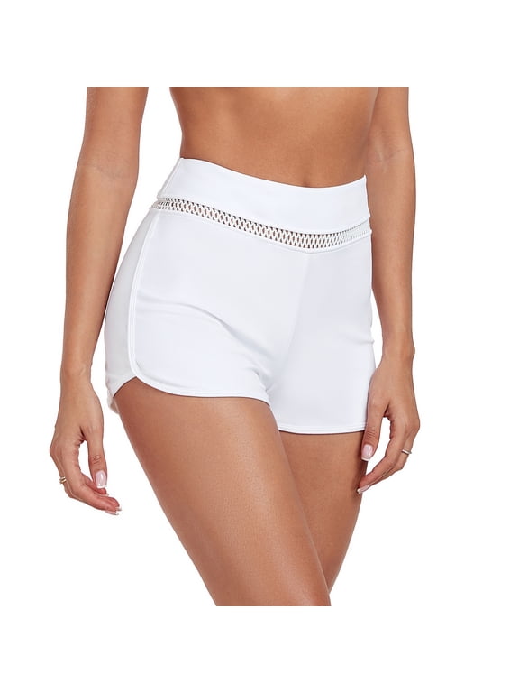 High Waisted Swim Shorts for Women Mesh Cutout Bathing Suit Bottoms Board Shorts for Swimming