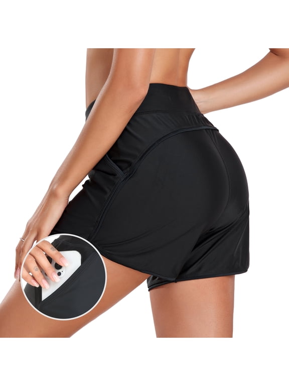 Women's High Waisted Swim Shorts with Pockets UV Sun Protection Board Shorts