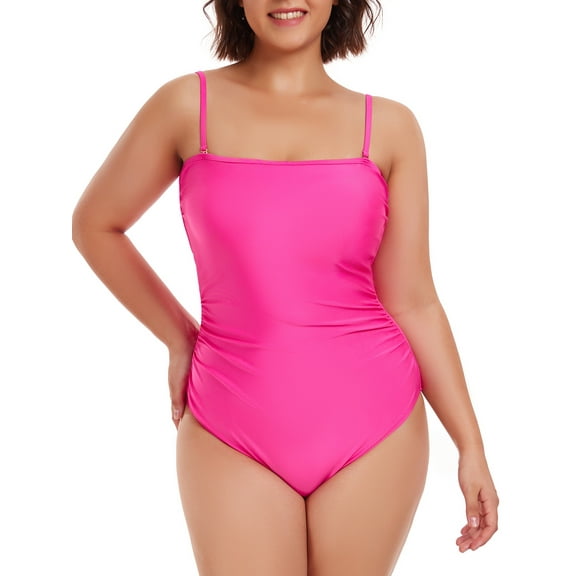 RELLECIGA Women's Hot Pink Bandeau Ruched One Piece Swimsuit Tummy Control Sexy Strapless One Piece Bathing Suit with Removable Straps