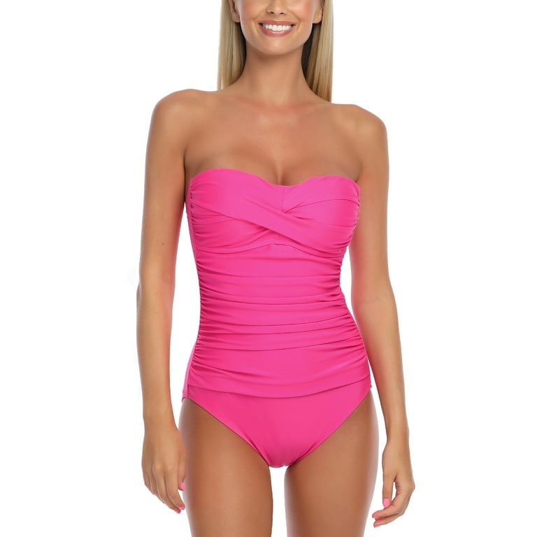 RELLECIGA Women's Neon Rose Tummy Control Swimwear Strapless One Piece  Swimsuit for Women Ruched Padded Bathing Suits Size Large 
