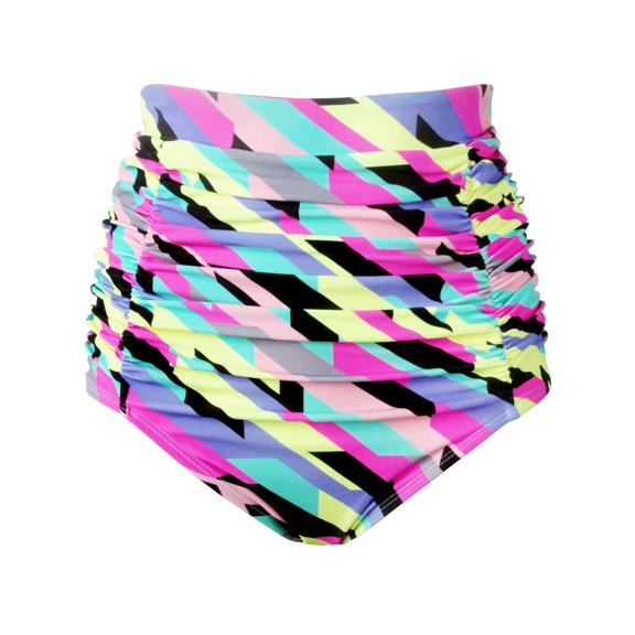 RELLECIGA Women's Neon Striped High Waisted Ruched Bikini Bottom Size Medium