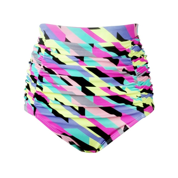 RELLECIGA Women's Neon Striped High Waisted Ruched Bikini Bottom Size X-Large