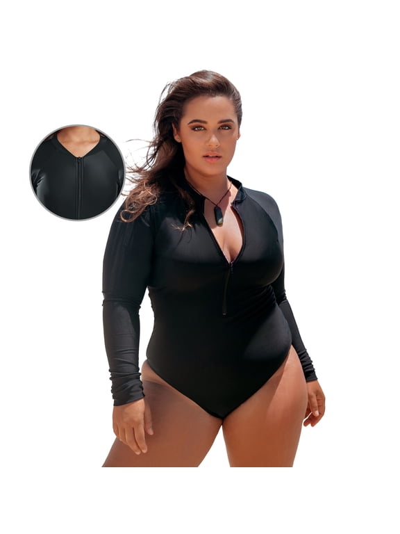 Women's One Piece Bathing Suit One Piece Swimsuit Zipper Long Sleeve Rash Guard Swimsuit for Women Black Size L