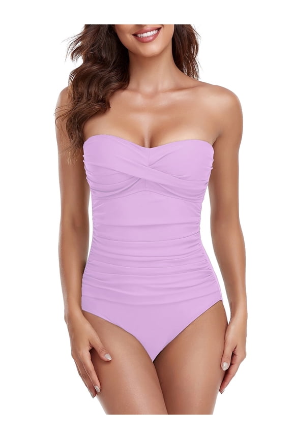 Women's Plus Size Tummy Control Swimwear Strapless One Piece Swimsuit Ruched Bathing Suits