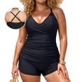 thumbnail image 1 of RELLECIGA Women's Twist Front Ruched Bathing Suits V-Neck Tummy Control Tankini Top with Board Shorts, 1 of 9