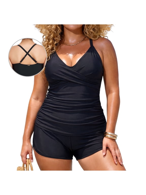 Women's Twist Front Ruched Bathing Suits V-Neck Tummy Control Tankini Top with Board Shorts