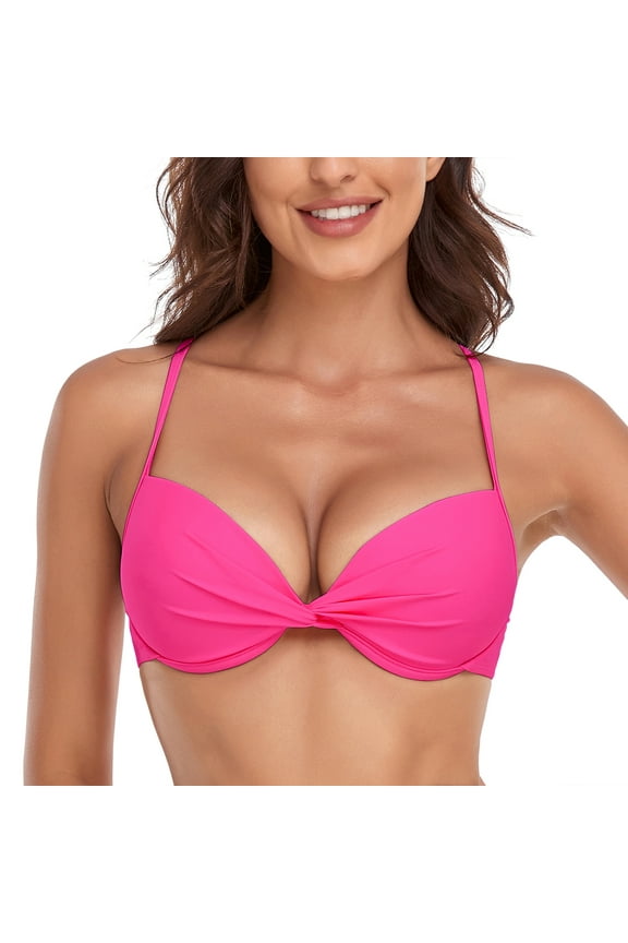 Women's Push Up Bikini Top Twist Front Underwire Hot Pink Bathing Suit Size XXL