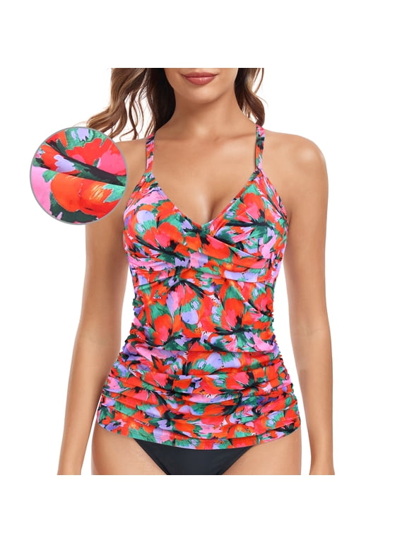 Women's Push Up Tankini Top Twist Front Ruched Tankini Bathing Suits Vintage Swimsuit V-Neck Tummy Control Swimwear Top