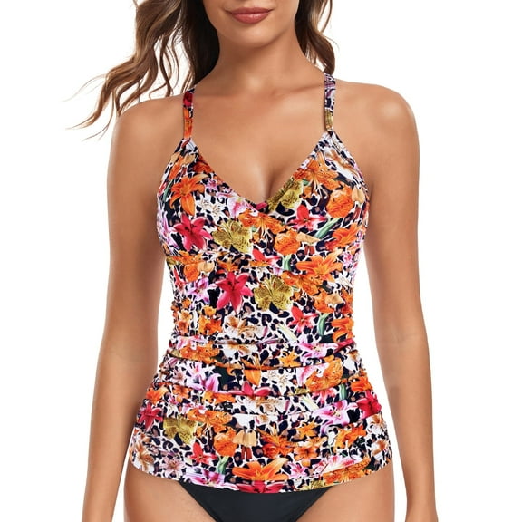 RELLECIGA Women's Push Up Tankini Top Twist Front Ruched Tankini Bathing Suits Vintage Swimsuit V-Neck Tummy Control Swimwear Top