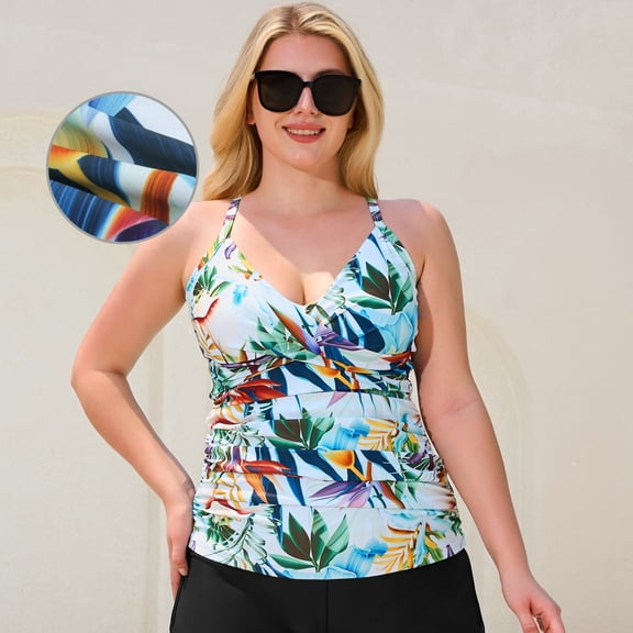 RELLECIGA Women's Push Up Tankini Top Twist Front Ruched Tankini Bathing Suits Vintage Swimsuit V-Neck Tummy Control Swimwear Top