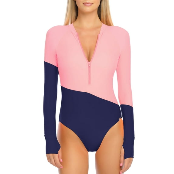 RELLECIGA Women's Rash Guard Long Sleeve Women Tummy Control Zipper One Piece Swimsuit Sexy Monokini Bathing Suits Color Block Size S