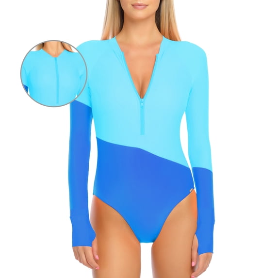 RELLECIGA Women's Rash Guard Long Sleeve UV Protection Women Tummy Control Zipper One Piece Swimsuit Sexy Monokini Bathing Suits Color Block Size XL