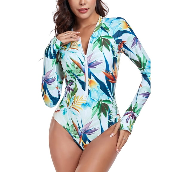 RELLECIGA Women's Rash Guard Long Sleeve Women Tummy Control Zipper One Piece Swimsuit Sexy Monokini Floral Bathing Suits Size M