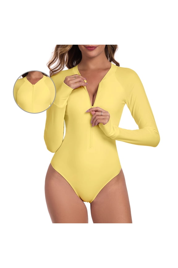 Women's One Piece Bathing Suit One Piece Swimsuit Zipper Long Sleeve Rash Guard Swimsuit for Women Lemon Yellow Size L