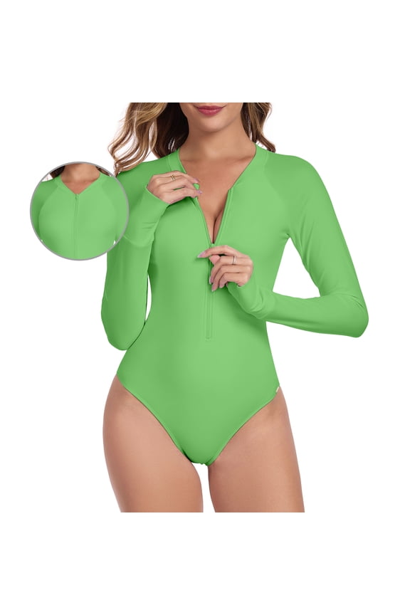 Women's One Piece Bathing Suit One Piece Swimsuit Zipper Long Sleeve Rash Guard Swimsuit for Women Avocado Green Size M