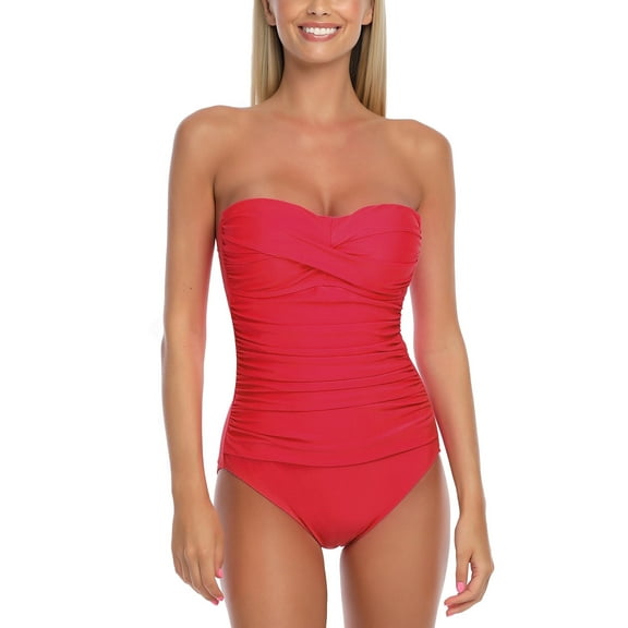 RELLECIGA Women's Red Padded Twist Front Ruched One Piece Swimwear Bandeau Strapless Sexy Swimsuit for Women Open Back Tummy Control One piece Bathing Suit with Removable Strap