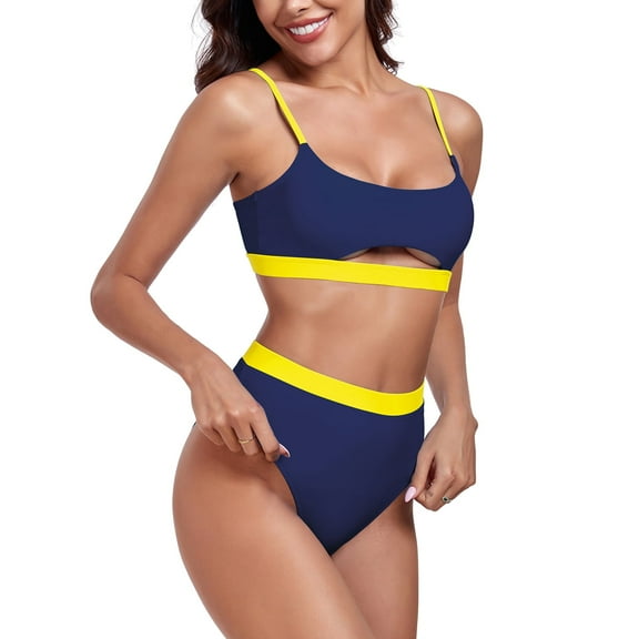 RELLECIGA Women's Scoop Neck Cutout Splicing Color Block Bikini Set Two Piece Swimsuit Sets Navy Blue High Waisted Tummy Control Bathing Suits